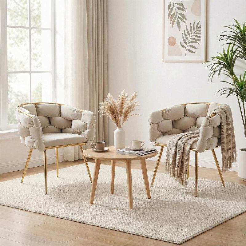 Modern Velvet Upholstered Kitchen Chairs Dining Chairs Set of 2, Beige