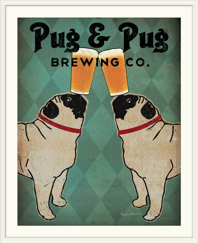 «Pug and Pug Brewing» par Ryan Fowler, affiche vintage, H 23 po x l 20 po x P 1 po, Cadre blanc