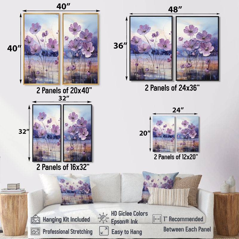 «Violet Flower Meadow Harmony III» - décoration murale rose, Noir, H 36 po x l 48 po, Impression encadrée flottante