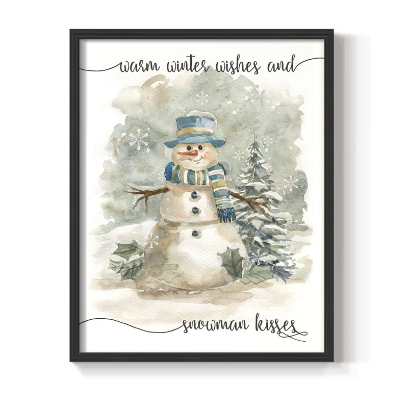 «Snowman Kisses», reproduction encadrée - bois massif