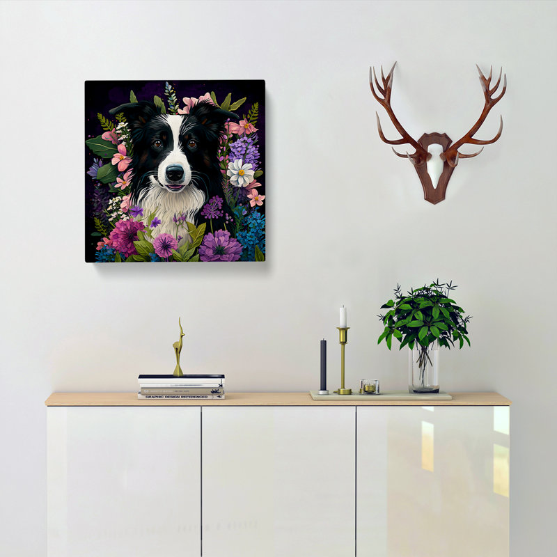 Border Collie Floral - Wrapped Canvas, 50cm H x 50cm W x 3cm D