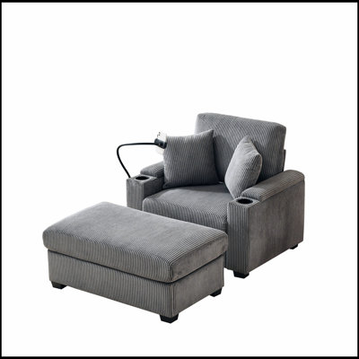 Oversized Chaise Lounge Chair with Ottoman and Storage, Comfy Corduroy Upholstery, Cup Holder, Mobile Phone Stand, USB Port, Reclining Function by Latitude Run