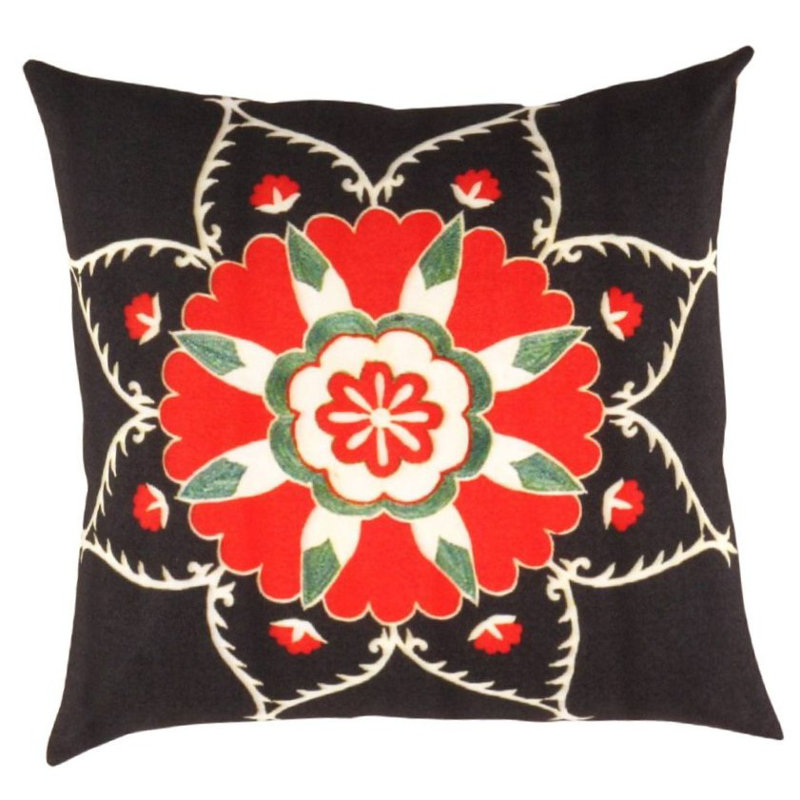 Floral Throw Pillow, Square 20", Black/Red/White/Green Floral