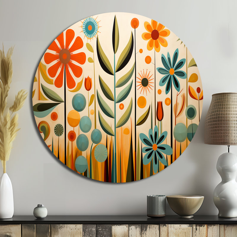 Red Mid Century Mod Nature - Abstrait rond en métal, H 29 po x l 29 po