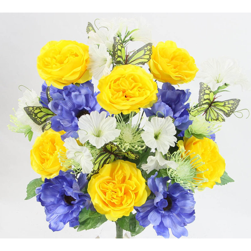 Arrangement floral roses artificielles, Jaune / Bleu / Crème