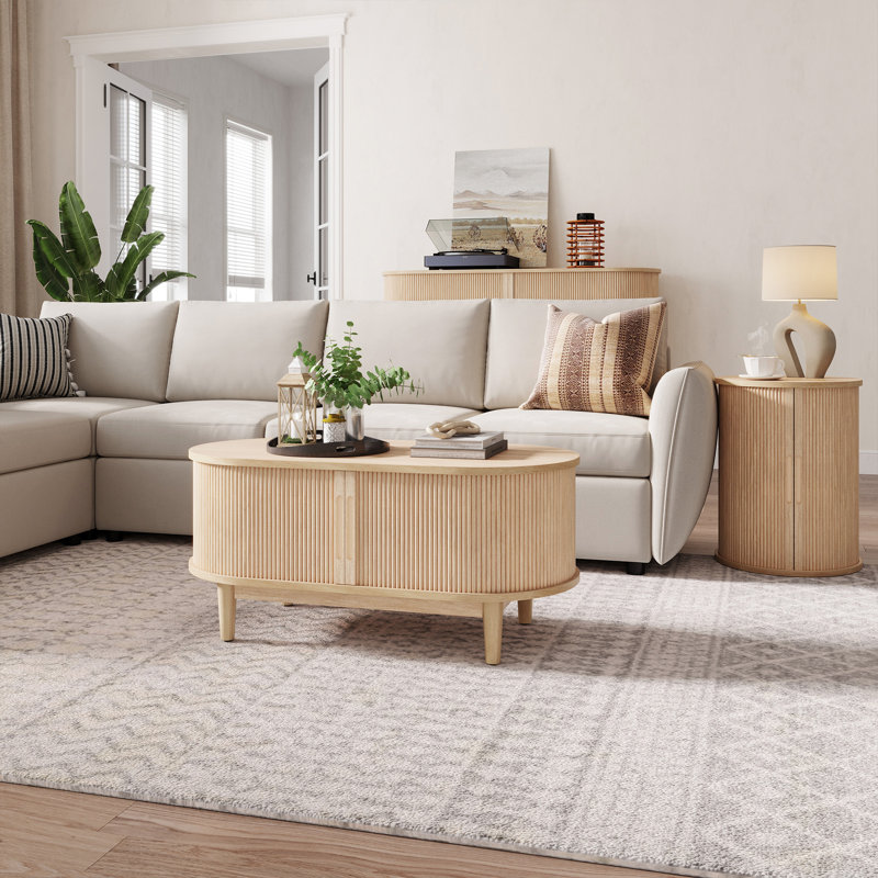 Leathia Fluted Coffee Table With Storage, Oak Wood