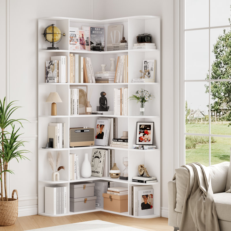 73.9" Hcorner Bookcase 6 Tier L-Shaped Bookshelf, White