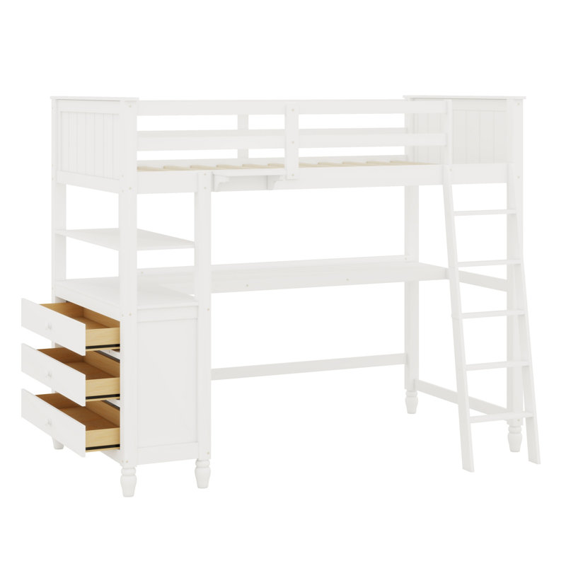 Lit mezzanine avec bureau, tiroirs et tablettes, Blanc