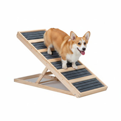Collapsible wooden ramp measuring 39 inches in length, suitable for both dogs and cats. Features adjustable height settings between 16.3 and 24 inches. Equipped with a non-slip surface to assist pets in reaching elevated surfaces like beds or sofas.