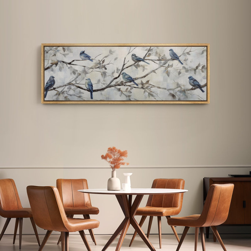 Oiseaux bleus sereins sur des branches d'animaux mignons, H 20 po x l 60 po, Naturel