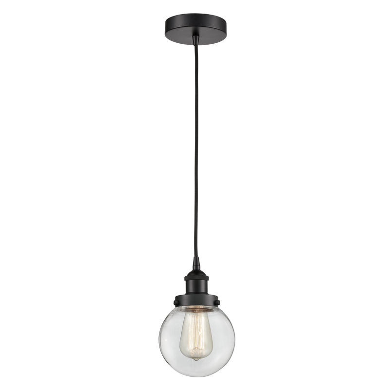 Luminaire suspendu simple à 1 lumière Frederick, H 9,5 po x l 6 po x P 6 po, Transparent, Noir mat