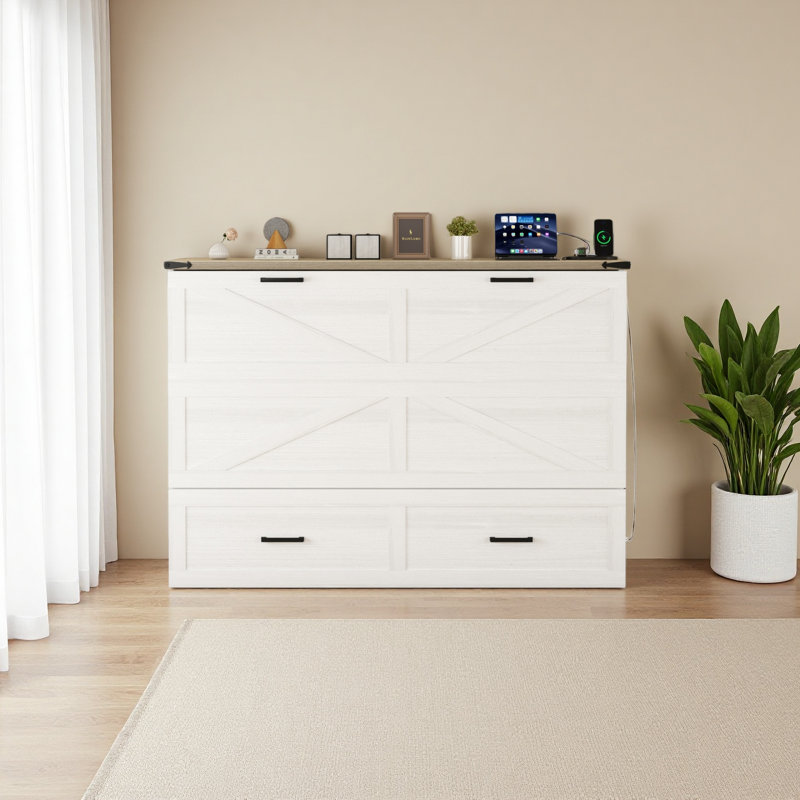 Lit escamotable avec station de charge Murphy, Grand lit, Blanc