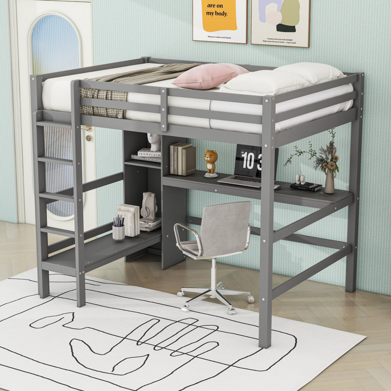 Lit mezzanine double avec tablettes et bureau, gris
