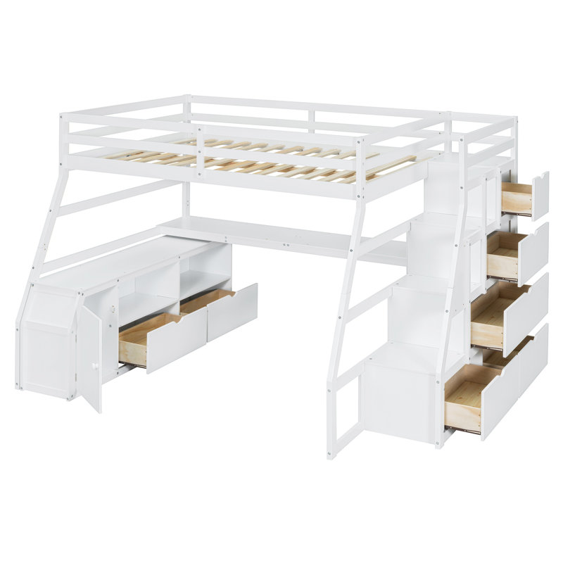 Lit mezzanine avec rangement et escalier Heiki, Blanc, Plein