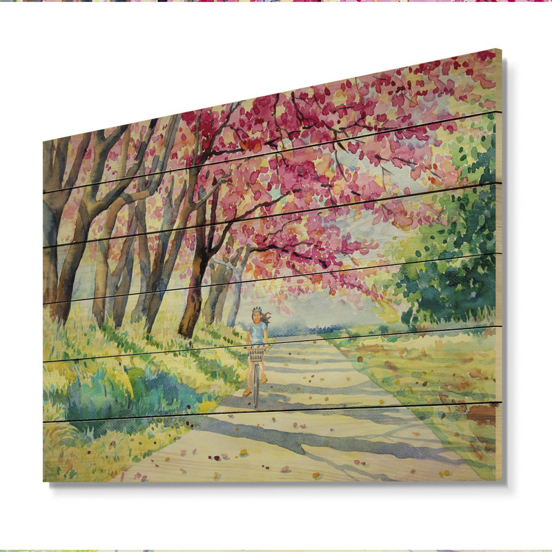«Biking in the Summer Park» - Peinture sur bois sans cadre, H 8 po x l 12 po x P 1 po