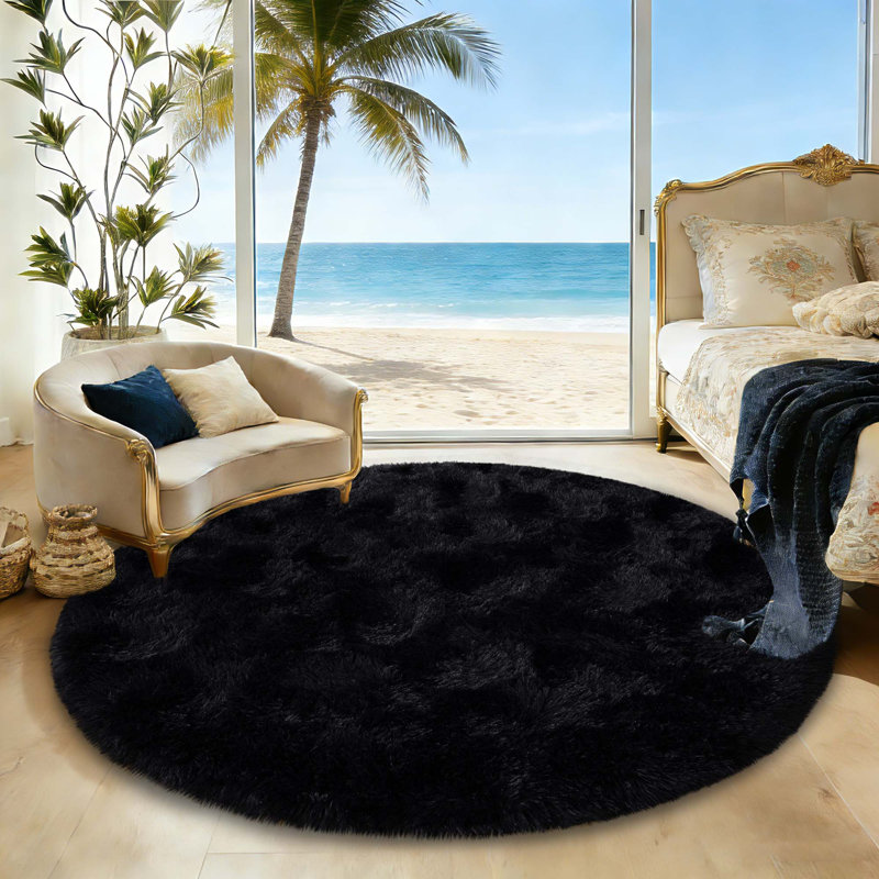 Black Round Shag Rug Non-slip Long-Pile Round Rug 6 ft Silk-Blend Rug Round Shag Rug Perfect for Teen Rooms Suitable for Bedrooms Suitable for Living Rooms Antibacterial Durable Material
