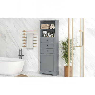 Gray Tall Storage Cabinet With 3 Drawers And Adjustable Shelves For Bathroom, Study, Office And Interior, MDF Board With Painted Finish