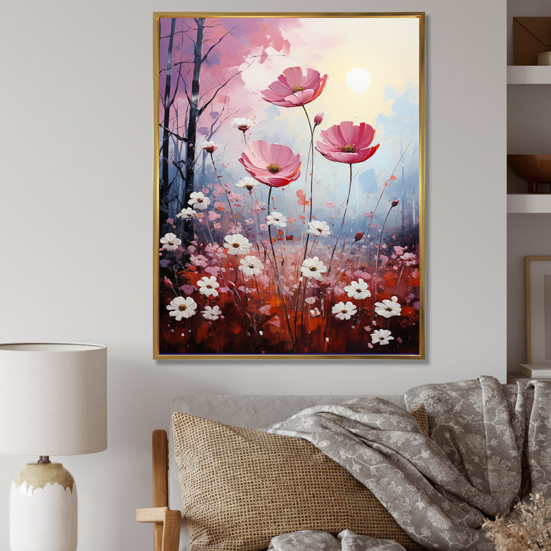 «Pink Crimson Floweret Petals» dévoilé sur toile, H 32 po x l 16 po x P 1 po, Cadre flottant doré
