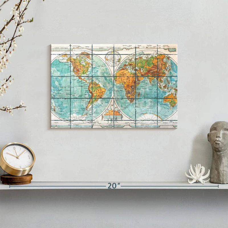 Globe terrestre carte du monde sur toile, H 8 po x l 12 po x P 1 po