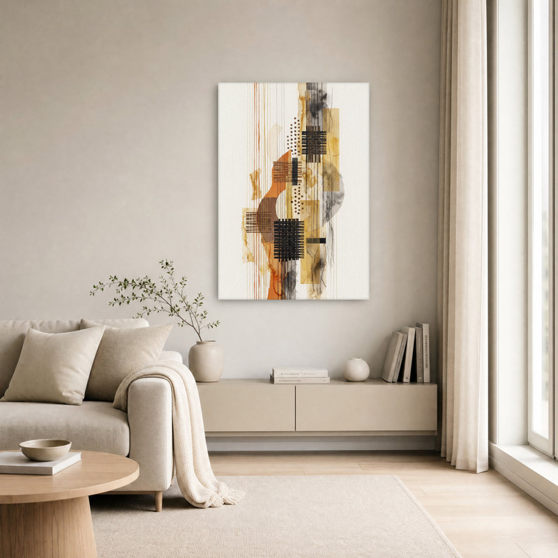 Toile abstraite, formes géométriques abstraites et lignes verticales en toile ocre et brune, H 18 po x l 12 po