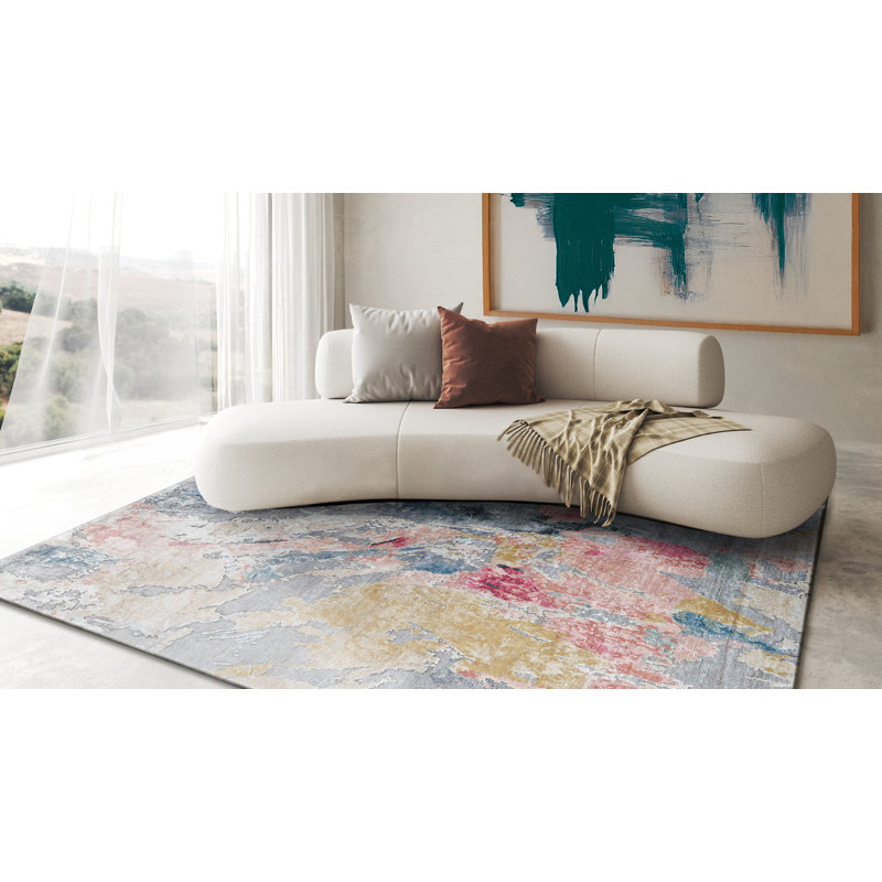 Rectangle Floor Art Abstract Hand-Knotted Bamboo Slat/Seagrass Area Rug in Silver/Blush, Rectangle 12' x 15'
