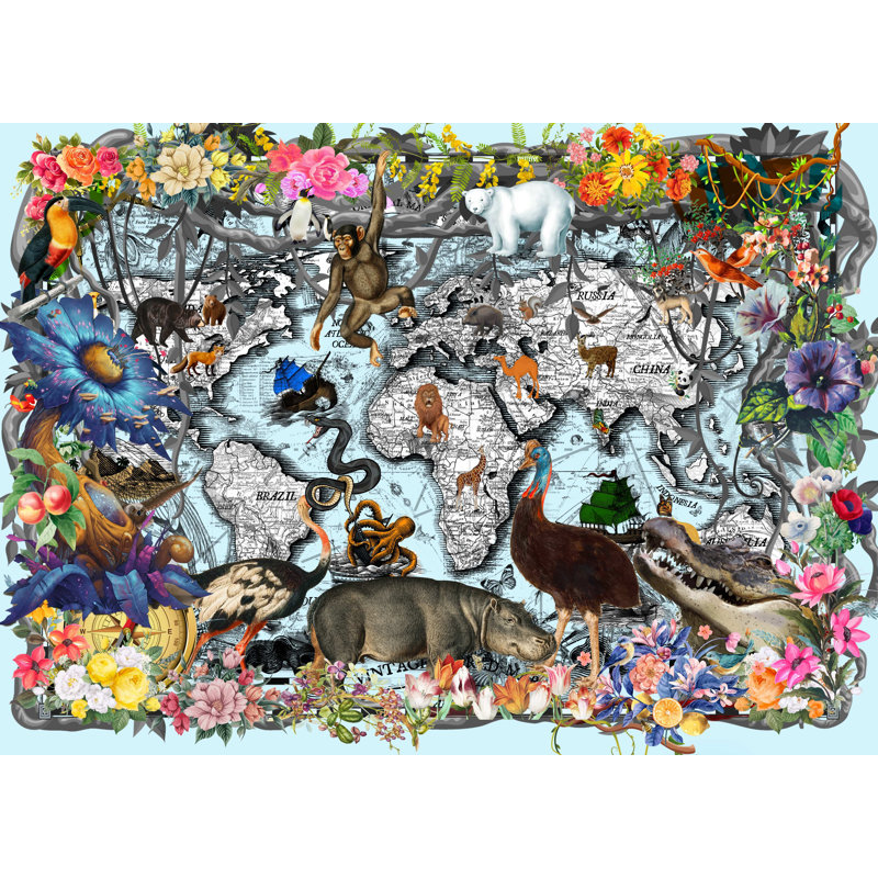 World Wildlife Map Blue - No Frame Print, Metal, 20.2cm H x 25.3cm W