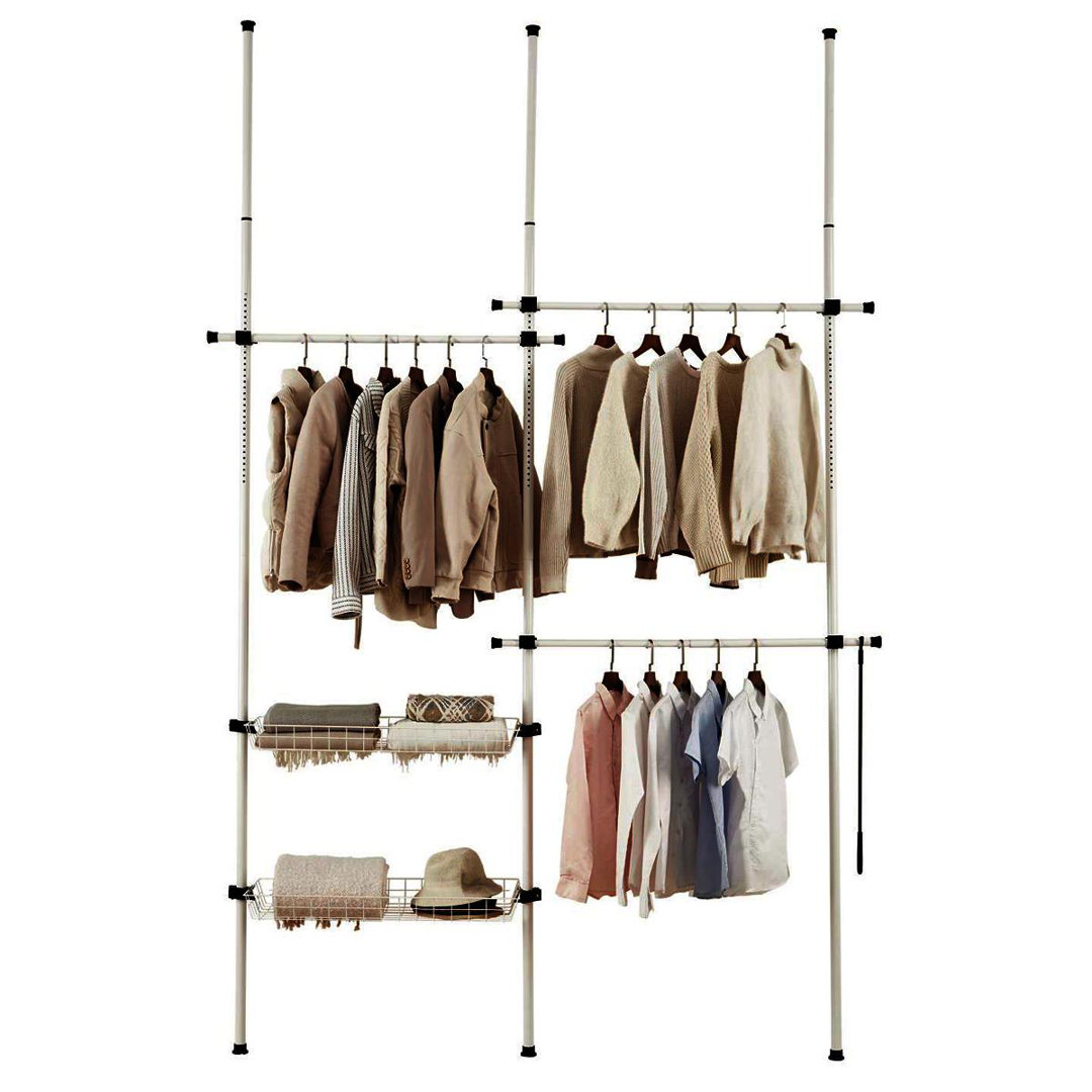 Glain Adjustable Double Black With Baskets Telescopic Wardrobe Organiser Clothes Rail