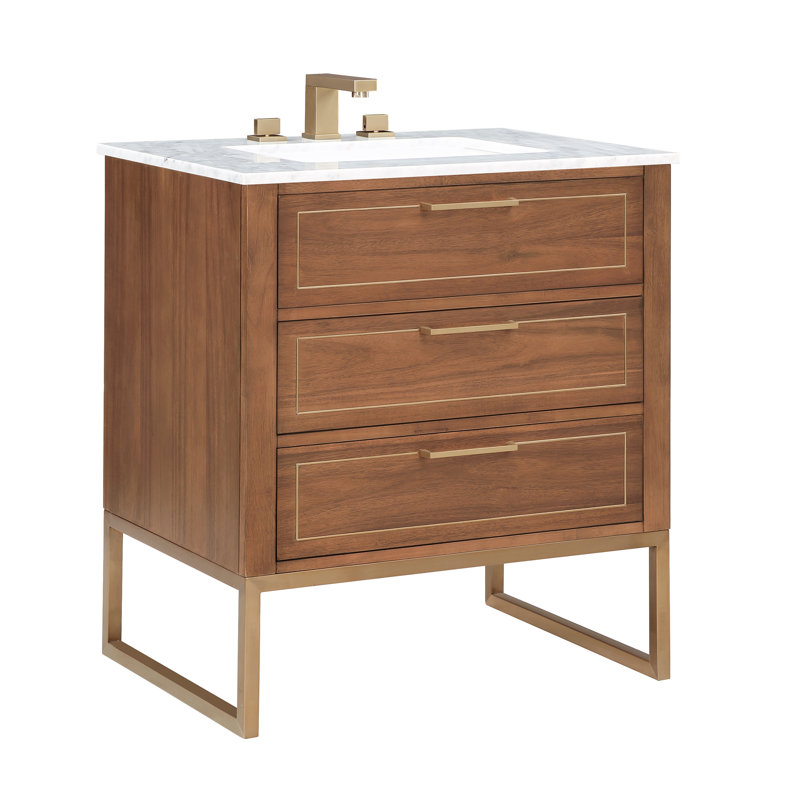 Ensemble de meuble-lavabo simple 30 po Markham, Noyer, Marbre de Carrare, Laiton satiné