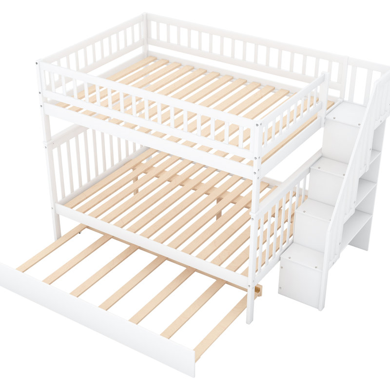 White Full/Full Bunk Bed With Trundle And Stairway - Quality Pine Wood Build, Guardrail For Protection, Generous Storage, Effortless Assembly Procedure Followed Full Over & Staircase, Robust