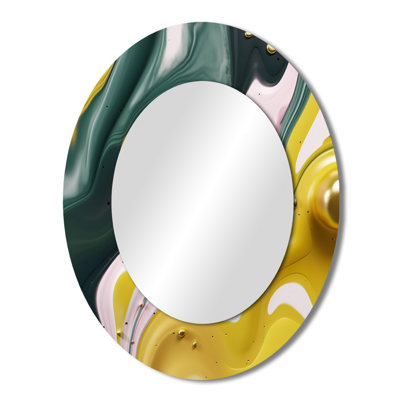 Jaune et vert pierre fluide II - miroir décoratif ovale abstrait sur métal, 43 po x 33 po