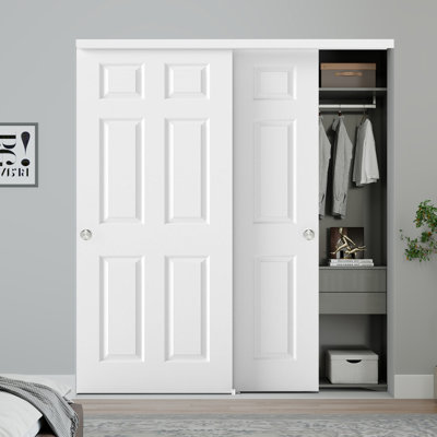 72"X80" Raised 6-Panel Smooth White Primed Molded Sliding Closet Doors With Installation Hardware Kit and Satin Nickel Finger Pull
