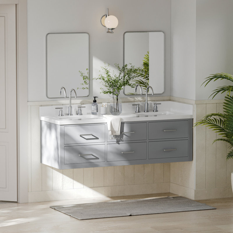 73'' W Double Vanity, Brushed Nickel, White, 61"