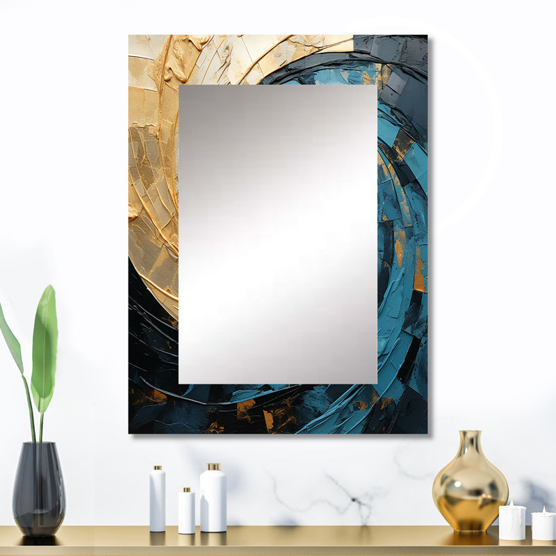 Or bleu minimalisme spirales poteries - miroir spirales abstraites, miroir mural doré unique, art imprimé en métal