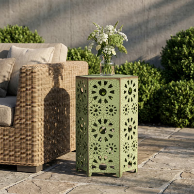 Vintage Industrial Iron Outdoor Side Table with Sunburst Cutout Design for Patio, Porch & Garden