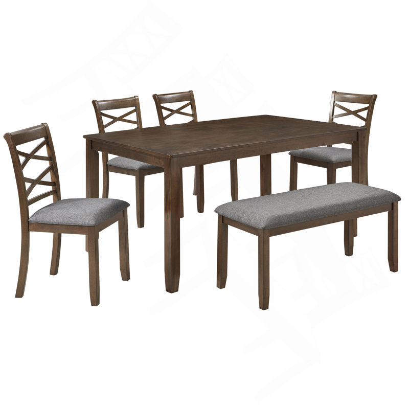Élégante table de salle à manger en bois 6 pièces avec 4 chaises et un banc. Ensemble de table de salle à manger moderne pour 6 personnes, ensemble de table de salle à manger rectangulaire pour le salon, la cuisine et la salle à manger, noyer