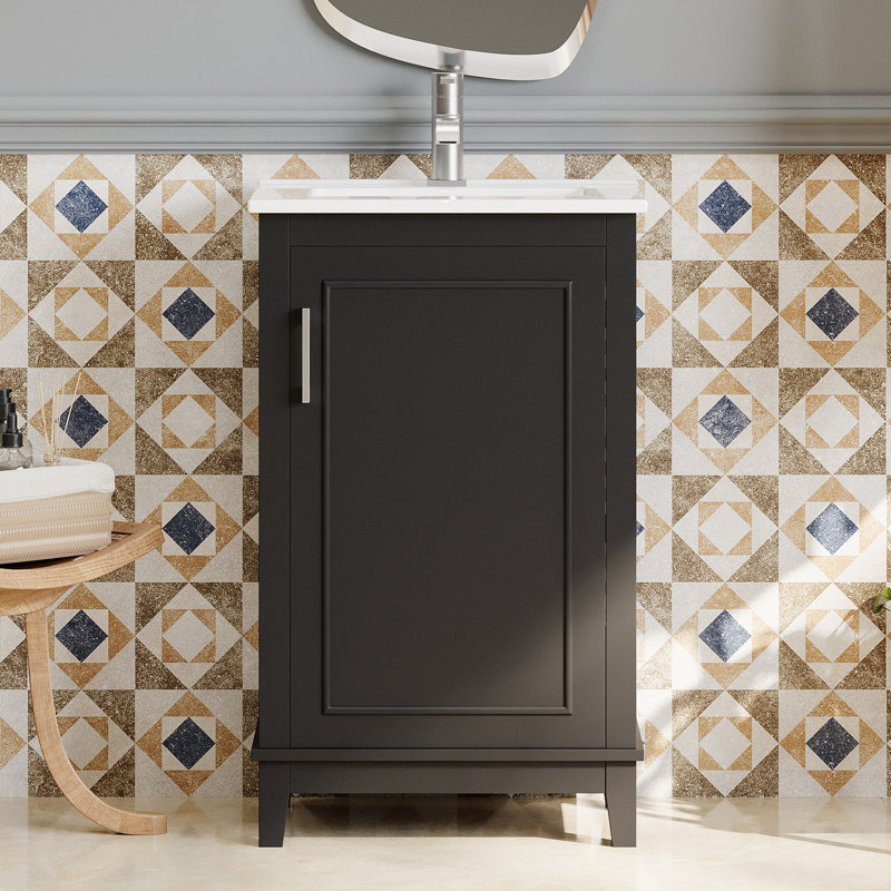Petit meuble-lavabo 20 "avec lavabo en céramique , Noir, Argent argent