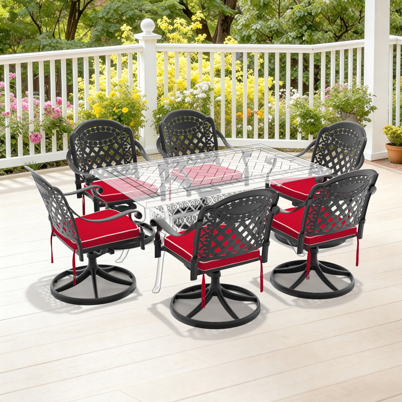 Chaise de patio pivotante en fonte d'aluminium 6 pièces avec structure noire et coussins rouges, Red