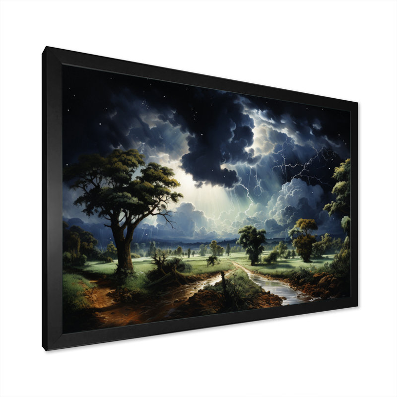 Tempête verte chassant la foudre sur toile, H 16 po x l 32 po x P 1 po, Cadre simple noir