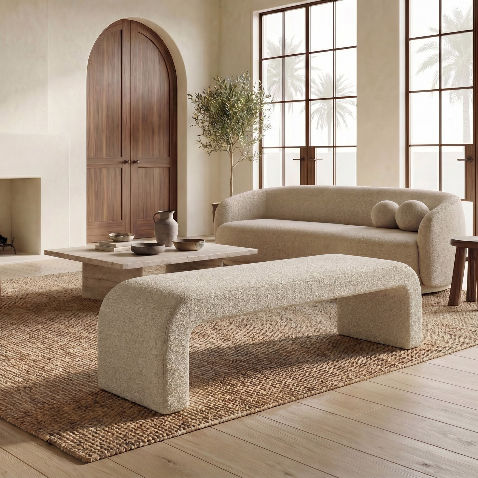 Daine 62" Linen Bedroom Bench, Light Brown Polyester