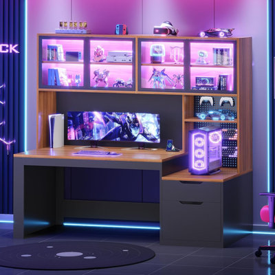 Modern Computer Desk with 2 Wood Drawers, Display Cabinet and LED Lights for Home Office