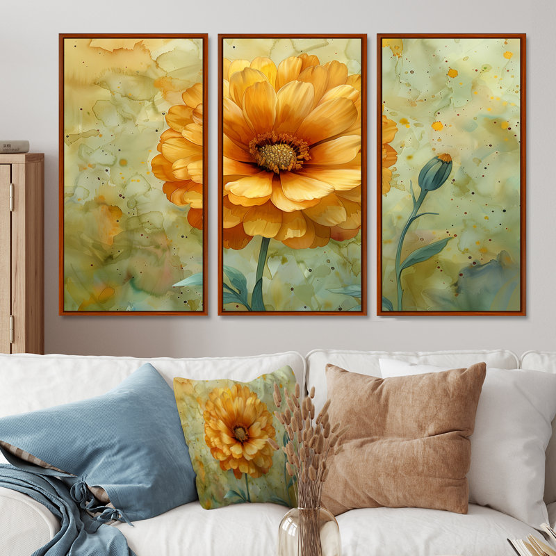 Jaune jaune vert Tender Bloom Marigold - ensemble d'art mural souci, H 28 po x l 36 po x P 1 po