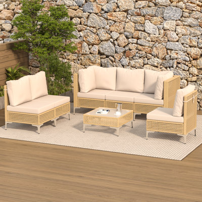 7-Piece Wicker Patio Furniture Set,Boho Outdoor Conversation Set Sectional Sofa with Water Resistant Thick Cushions and Coffee Table,Yellow/Beige