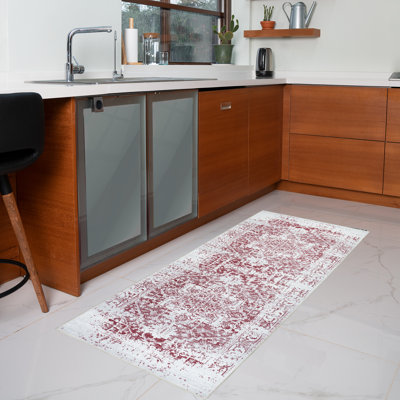 Tapis lavable à la machine avec envers antidérapant à motif floral moderne abstrait bourgogne et crème