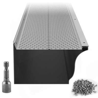 Couvercle de gouttière, largeur de 6 pouces, couvercle de gouttière à filtre en aluminium à bricolage, 26 PCS de longueur totale de 104 pi, diamètre de trou de 0,157 po et garde-gouttière Raptor de 0,02 po d'épaisseur s'adapte à tout type de toit ou de gouttière