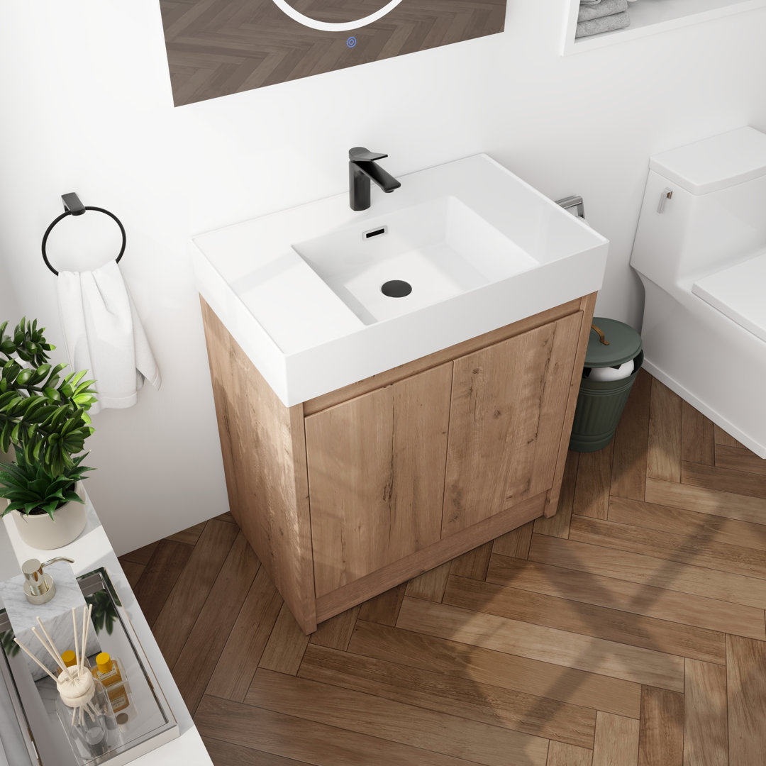 Nileema 30" Freestanding Single Bathroom Vanity Set, Floor Standing Vanity with Resin Basin Sink Top, 2 Doors And 1 Adjustable Shelf Ebern Designs Top 