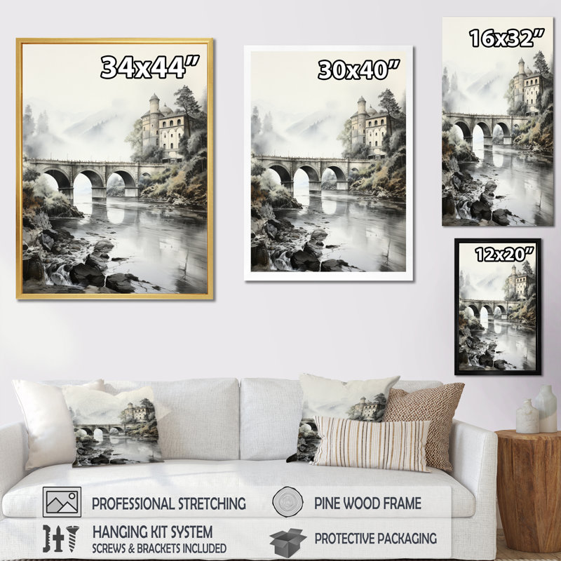 Gris pont majestueux Arch Graphite IV - Cityscapes Wall Art Living Room, H 20 po x l 12 po x P 1 po, Toile tendue