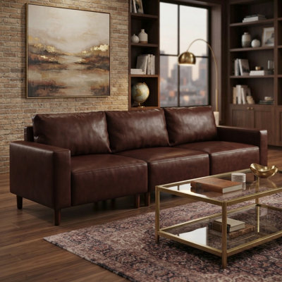 Canapé moderne extra-large de 112 pouces en similicuir, canapé rembourré en cuir PU avec pieds en bois pour salon