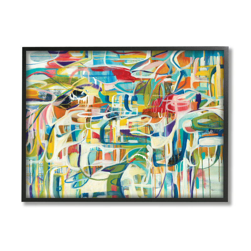 «Bright Complex Curved Abstractions», formes bleues et vertes - impression, Cadre noir, H 11 po x l 14 po