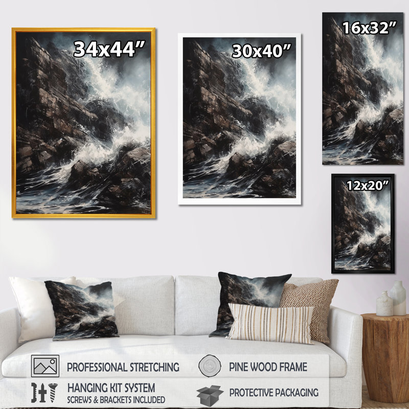 «Crashing Rocky Coastline III», reproduction sur toile, H 44 po x l 34 po x P 1,5 po, Cadre flottant noir
