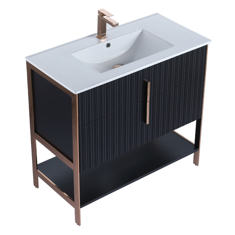  Serenity Modern Bathroom Vanity with White Ceramic Top, Black Matte/Rose Gold, 36"